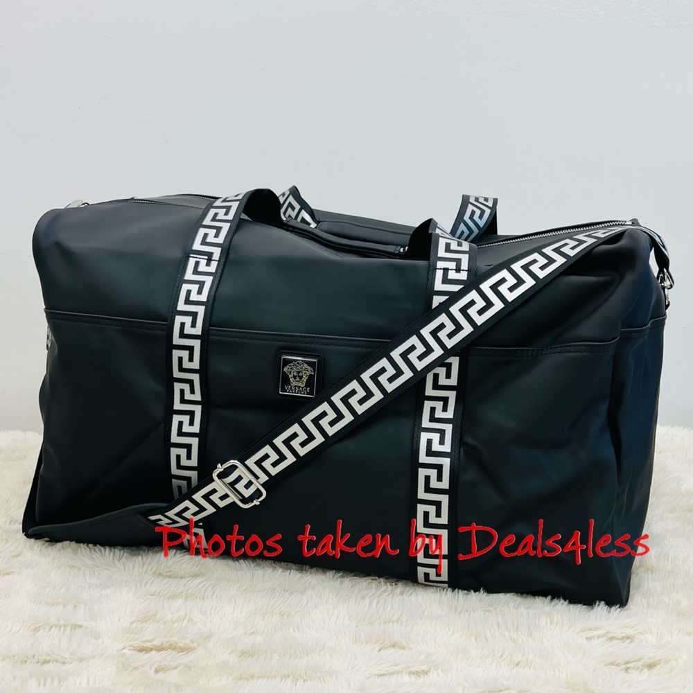 Versace Black Crossbody Travel Duffel with White Greek Key Straps